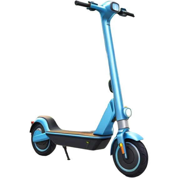 An icon featuring a sleek electric scooter parked on a scenic path. The background showcases a vibrant city park with green trees, flowers, and a clear blue sky. The sun sets in the distance, casting a warm golden glow on the landscape. Transparent background emoji
