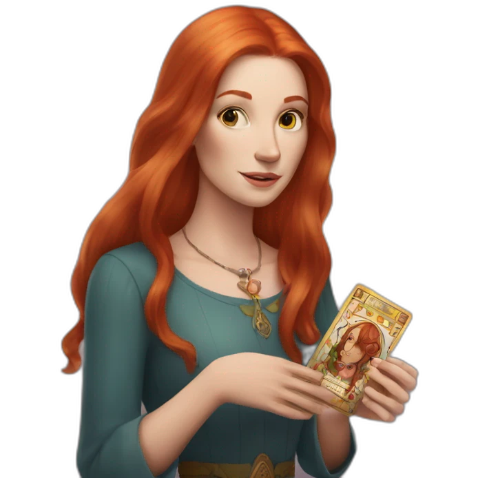 redhead white woman medium long straight hair, holding a tarot card in her hand emoji