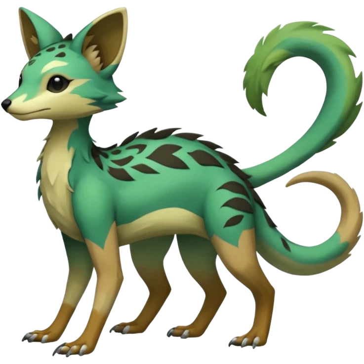  Greenish beautiful handsome gorgeous aesthetic colorful vibrant Vernid-Trico-species-Fakemon-creature by LiLaiRa, 4 legs, 1 tail, random markings, (full body) emoji