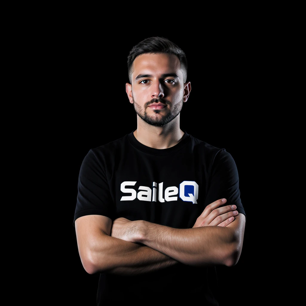 Csgo pro player profile proffesional photo, low key light back light, man standing crossed hands with tshirt with text "SaileQ" black solid background emoji