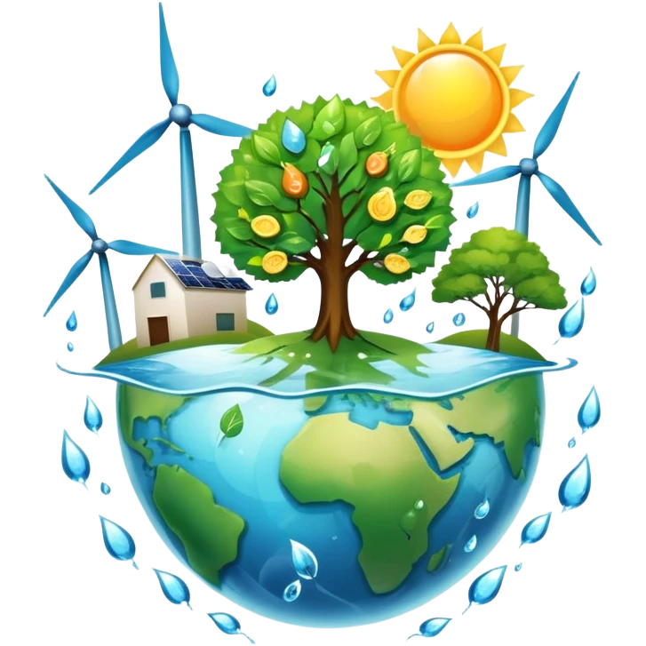 An icon featuring a green Earth, a tree, recycling symbols, and renewable energy sources like wind turbines, solar panels, and hydropower. The design includes animals, water droplets, and the sun, representing ecology, sustainable energy, and environmental protection. Transparent background. emoji