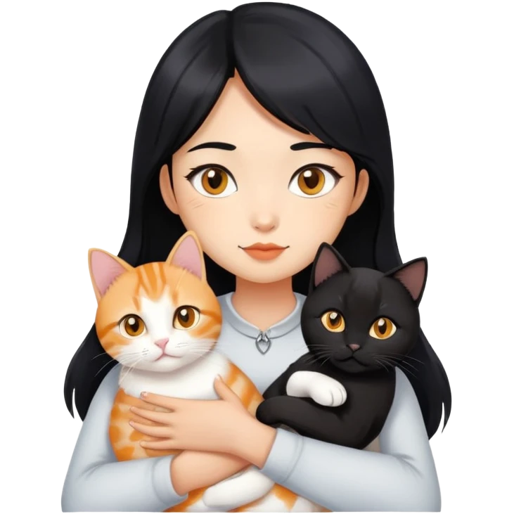 Generate an Asian girl with a black hair holding two cats. First cat is black cat with golden eyes only front chest 4 pounds has white color. Other cat is orange tabby cat with golden eyes only front chest 4 pounds has white color.  emoji
