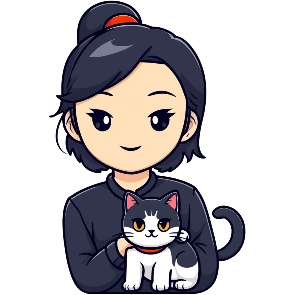 Young woman in black clothes with a Chinese domestic cat emoji