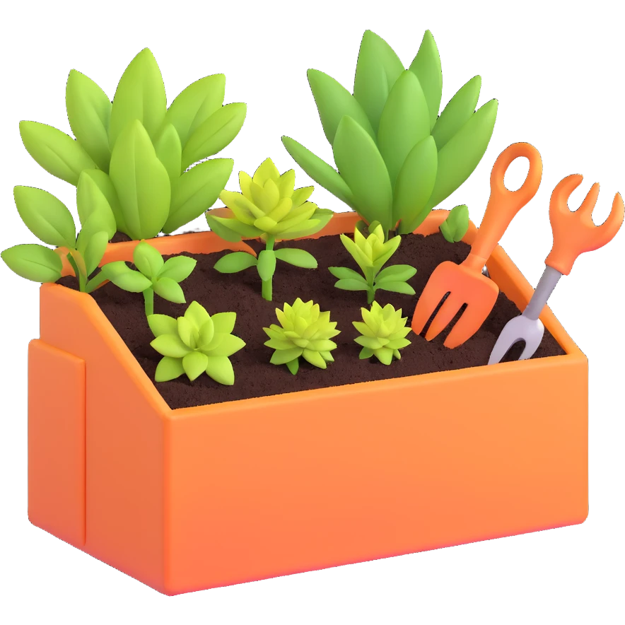 spring gardening tool box with small plants emoji