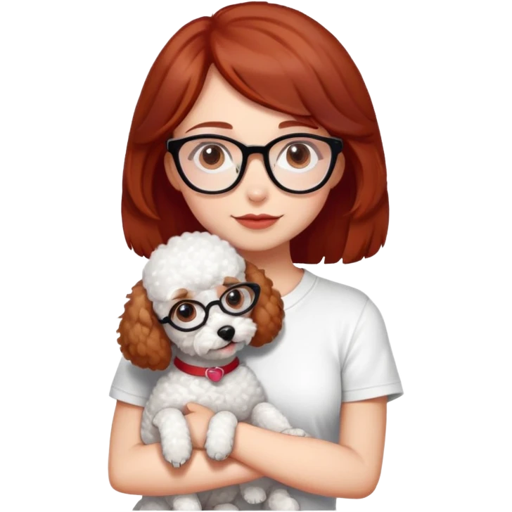 Girl with medium-short dark brown-red hair with glasses, white t-shirt, brown eyes, hugging a white toy poodle emoji