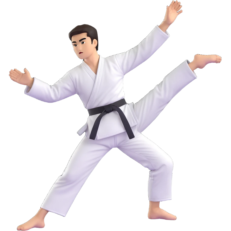 Taekwondo fighter executing a precise side kick, balanced stance, traditional uniform, black belt emoji