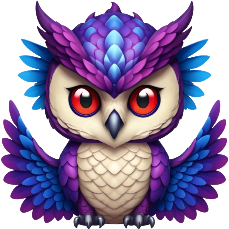 Owl dragon hybrid front facing dark purple and blue and red emoji