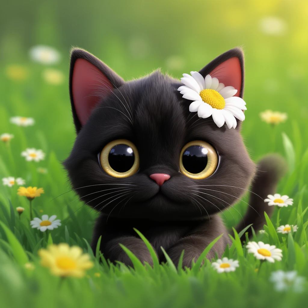 3D iOS 18 style illustration of a cute black cat with big yellow eyes peeking out from green grass, with a white daisy flower on its head, surrounded by small white and yellow flowers, inspired by the reference image emoji