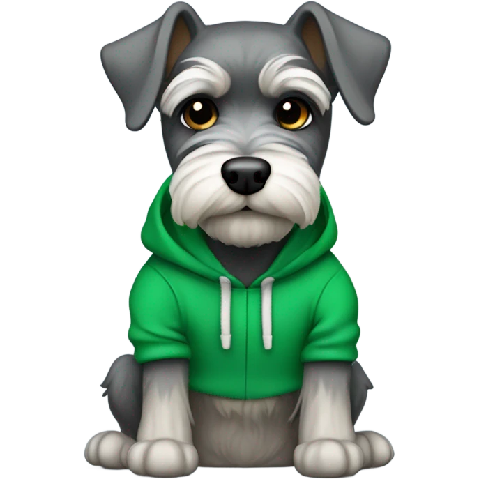Mini schnauzer with a Kelly green hoodie. Hood has frog eyes in the top emoji