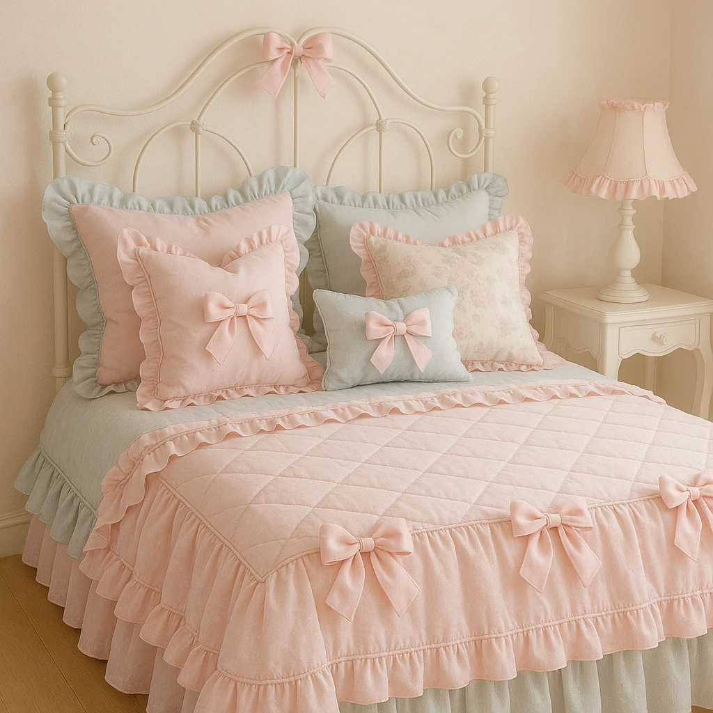 a cute, girly coquette-style bed with bows, ruffles, and pastel colors, feminine, delicate, charming emoji