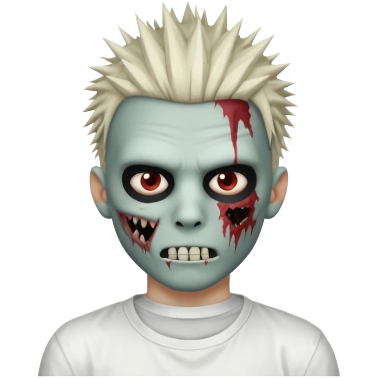 zombie boy with spiky emo hair and white shirt emoji and 

He wears an anonymous mask on half his face and has wounds on the other half. emoji
