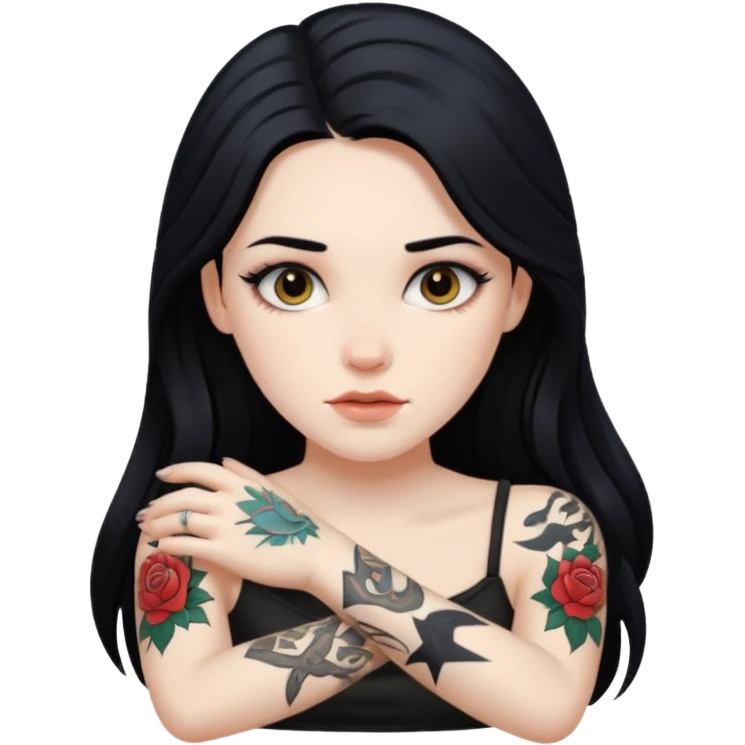 realistic BEAUTIFUL Pale girl with long black hair arm tattoos emoji