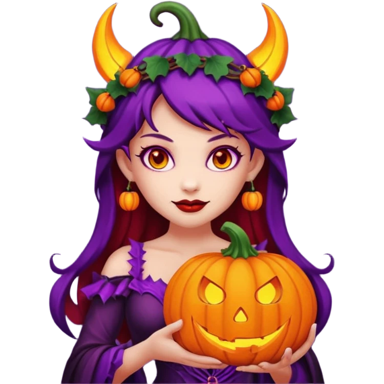 female-succubus-emoji,-red-skin,-purple-eyes,-elegant-face,-pumpkin-wreath-on-head,-with,-holding-small-glowing-pumpkin-lantern,-halloween-fantasy emoji