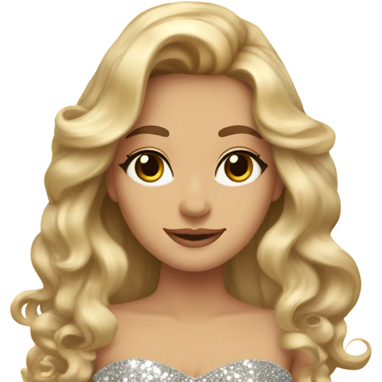 Gorgeous blonde woman, brown eyes, long wavy hair with bows, wearing a sparkly gown emoji