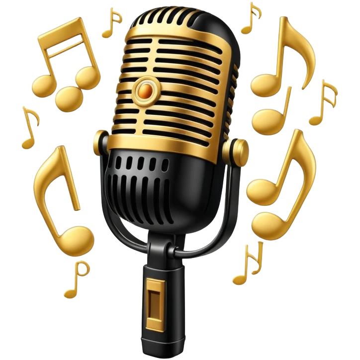 Vintage 1950s microphone with glowing jazz notes around it, emoji style, glossy finish, black and gold color palette
 emoji
