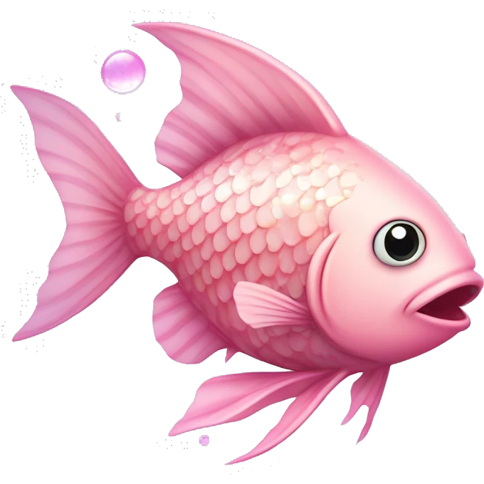 Fish "A pastel pink fish with glowing, translucent scales, sparkling fins, and tiny bubbles filled with glitter floating around it." emoji