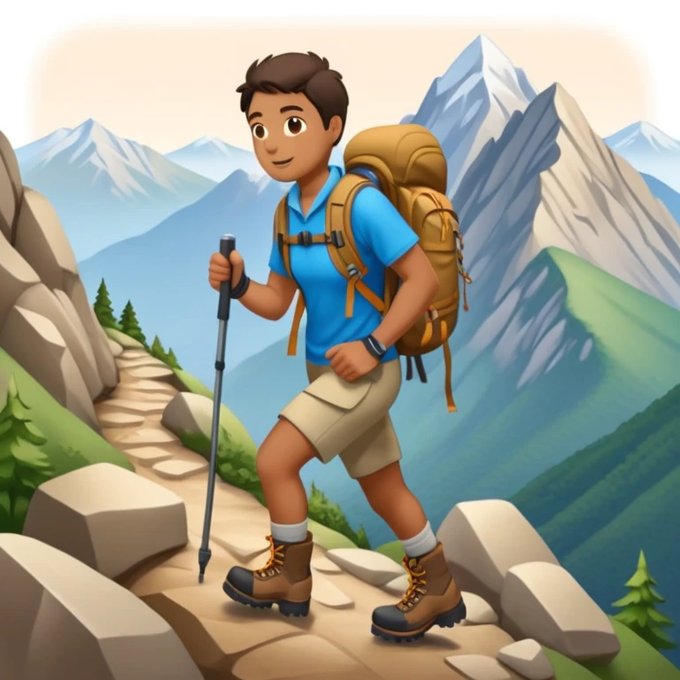 person hiking down one mountain and up another mountain emoji