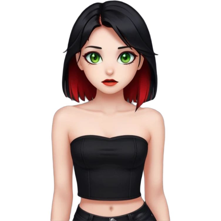 Girl. Green hazel eyes. Black hair with red e-girl highlights and red perk-a-boo underlights. Medium long hair. black strapless crop top. Skinny face. emoji