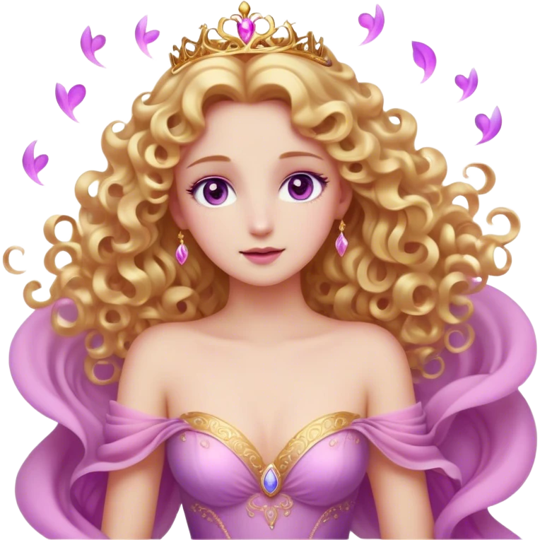 Cinematic Stunning Aurora Portrait Emoji, Ethereal in her flowing pink gown, golden curls shimmering, soft violet eyes filled with serenity, an enchanting glow surrounding her, capturing the beauty of a princess lost in a dream! emoji