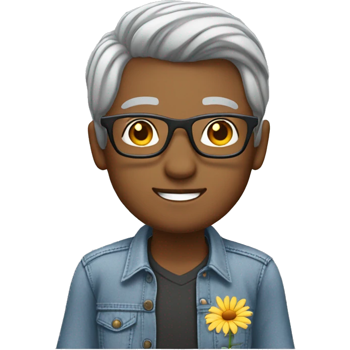 Teacher sitting at desk with a laptop shoulder length grey hair wearing glasses jeans and a flower shirt emoji