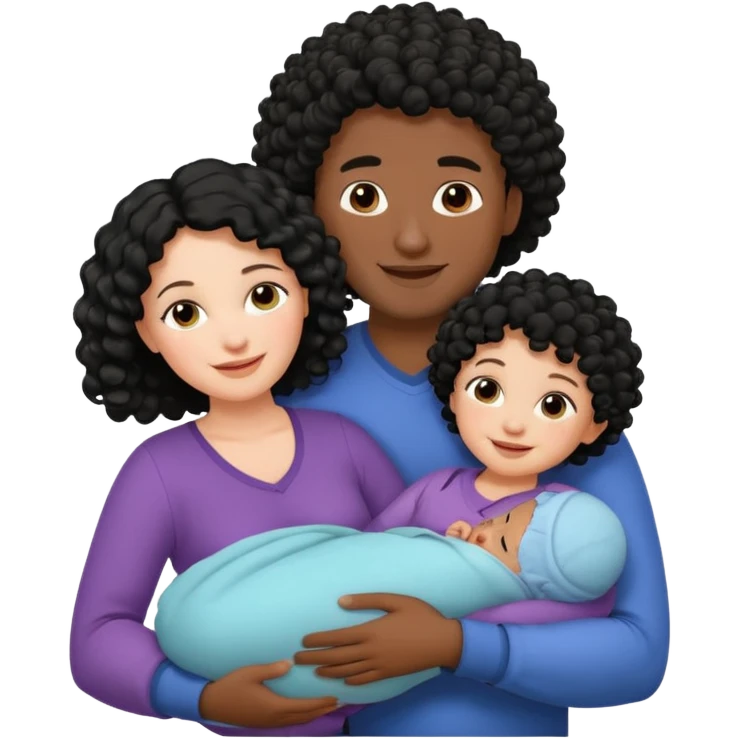 family: white woman curly black hair, black man with short black frizz hair, one 2 y o daughter mixed skin color , and a newborn in the and of the mother emoji