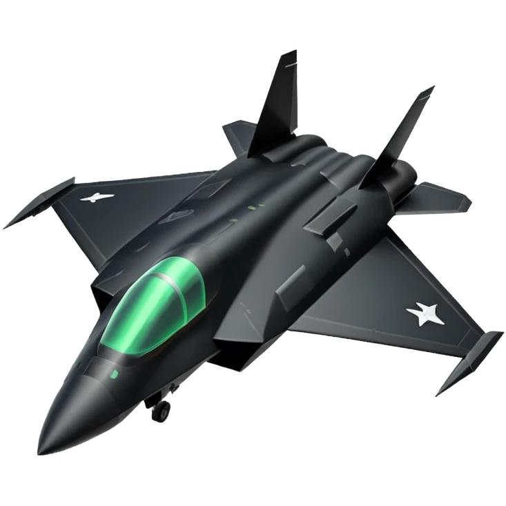 Illustrate a stealth fighter jet in matte black with angular body & glowing cockpit. emoji