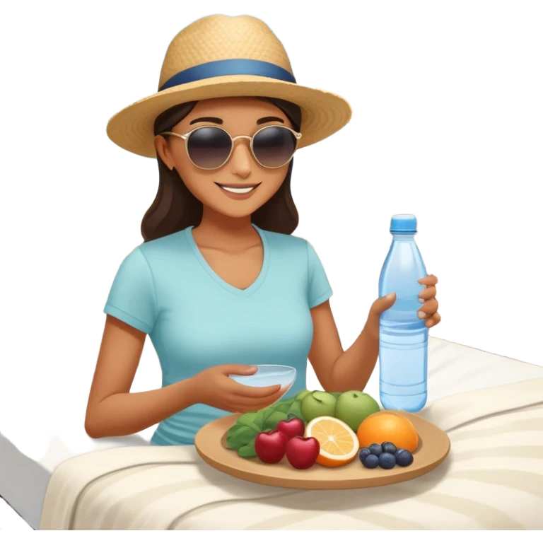 A person in the sun, with a plate of whole foods, water bottle, and glowing bed behind them. Nearby, smiling friends gather—symbolizing balance, healing, and connection through simple daily rituals. emoji