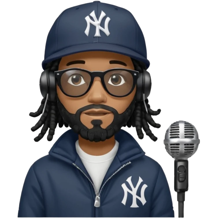 African American man with shoulder length black dreadlocks with black beard wearing black sunglasses wearing a New York Yankees logo baseball cap wearing a black bubble winter coat wearing headphones rapping into recording studio microphone with a mic cover emoji
