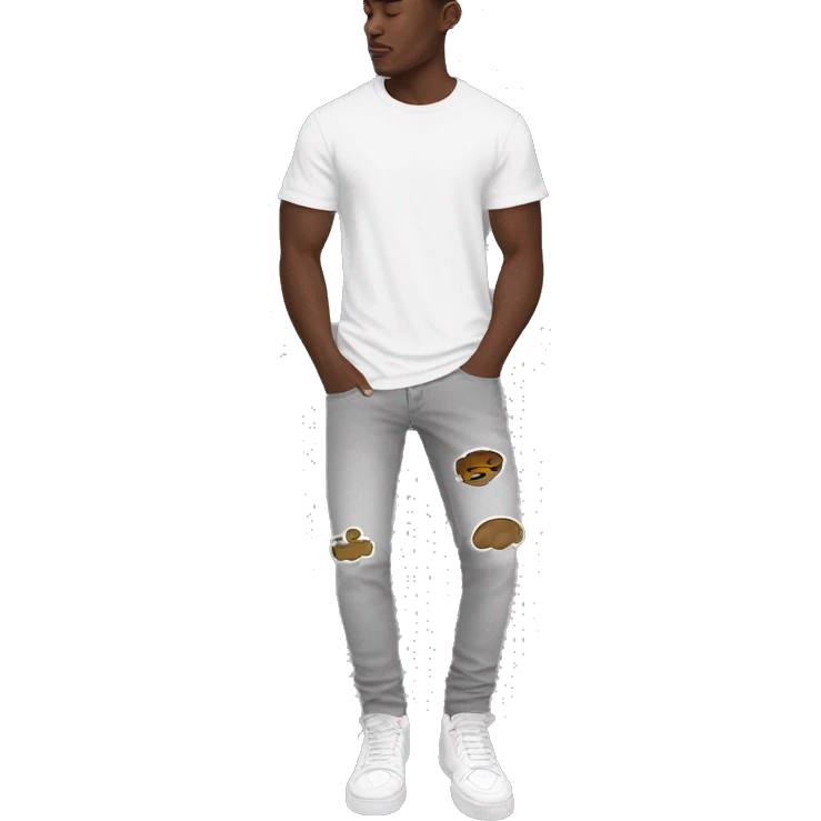man fullbody, white t-shirt, white air force one low shoes, amiri grey jean front view emoji