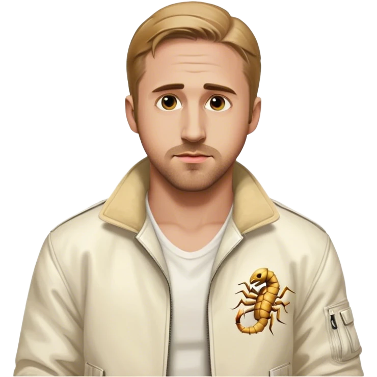 ryan gosling from drive (2011) with his iconic scorpion white jacket looking b emoji