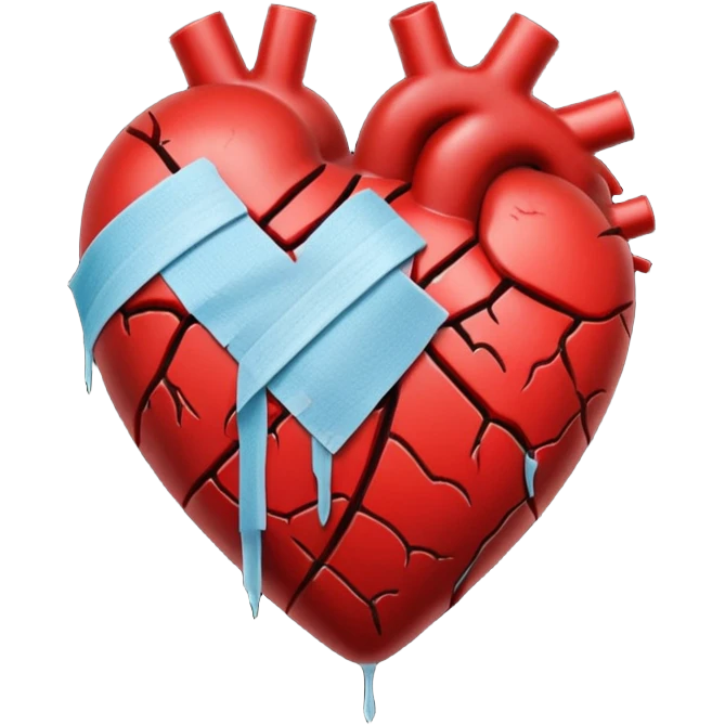 Un corazón roto con grietas  sangrando y expulsando sangre rodeado de vendas y tiritas que se despegan sin hacer efecto SIN CARA emoji