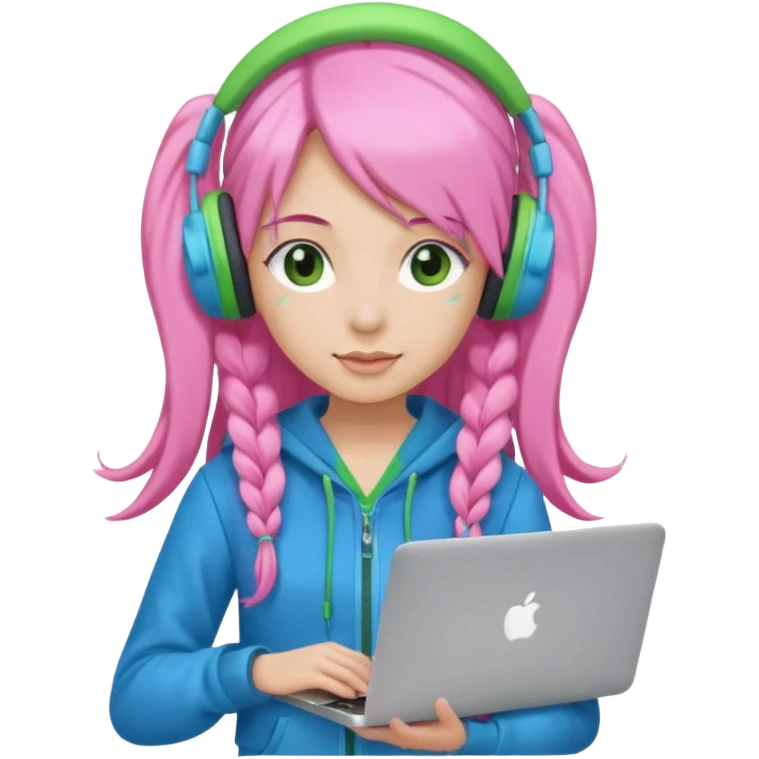 Create an emoji of a woman with long pink twin-tail hair. She is a game streamer, wearing green headphones, holding a MacBook, and dressed in a blue outfit. emoji