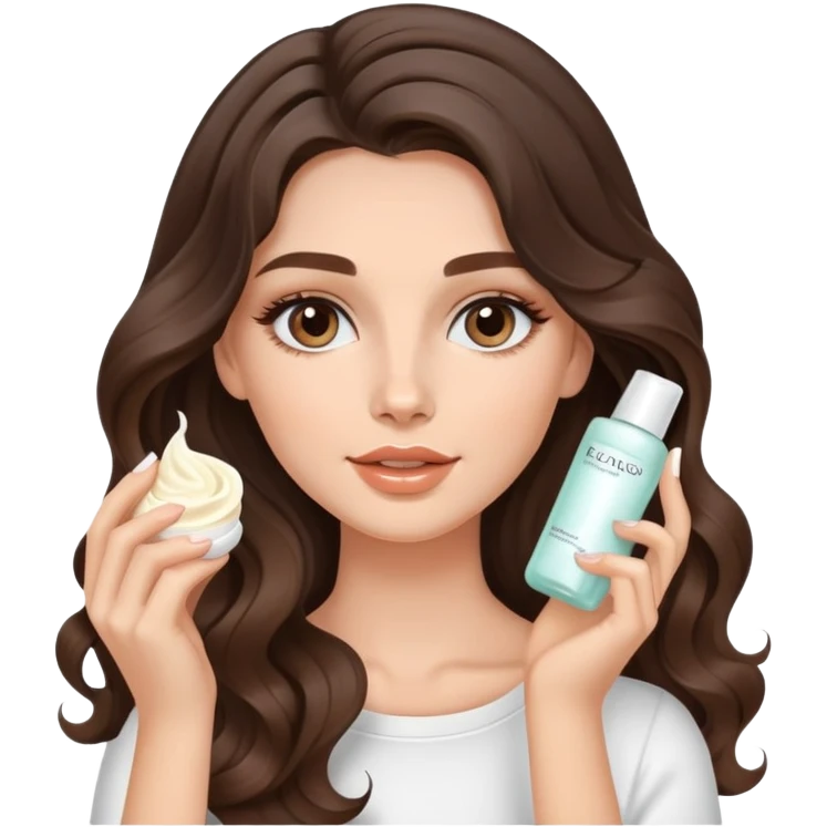 beautiful brunette with a light balayage white girl with nice curls/defined waves, very long hair, clean girl makeup APPLYING A FACE CREAM ON HER FACE emoji
