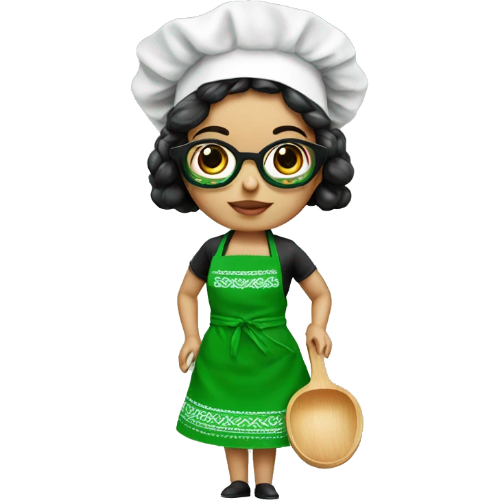 Mexican doll  big eyes green apron  with glasses cooking  emoji