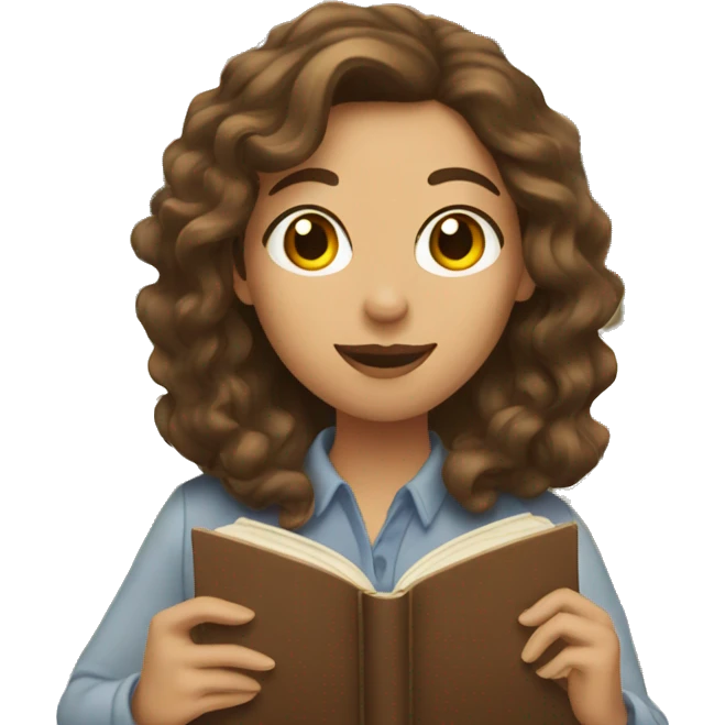 A woman with long wavy brown hair and books emoji