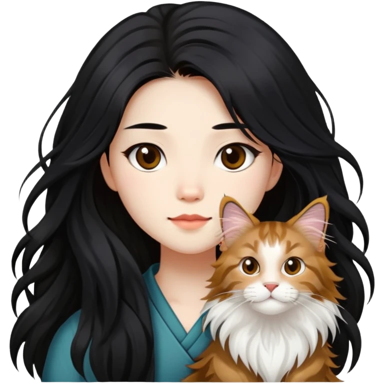 a  Chinese girl with  long hair and a Maine coon emoji