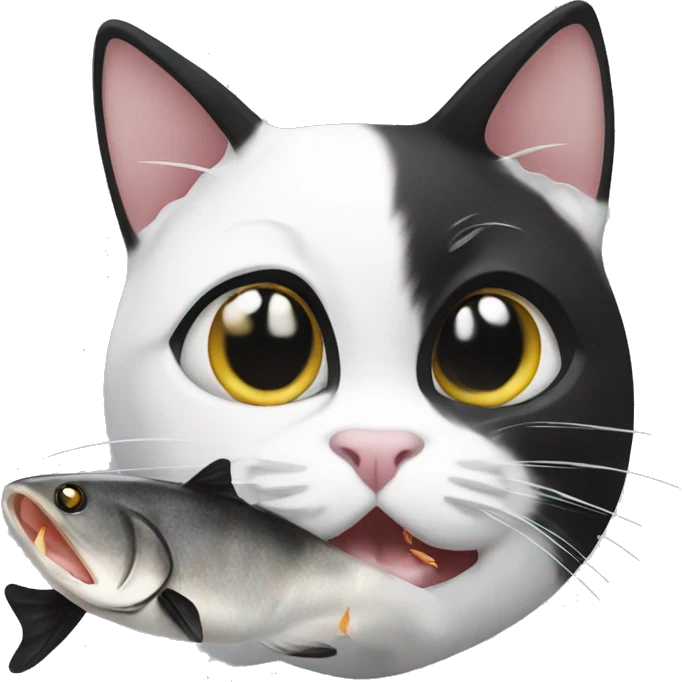 black and white cat eating fish emoji