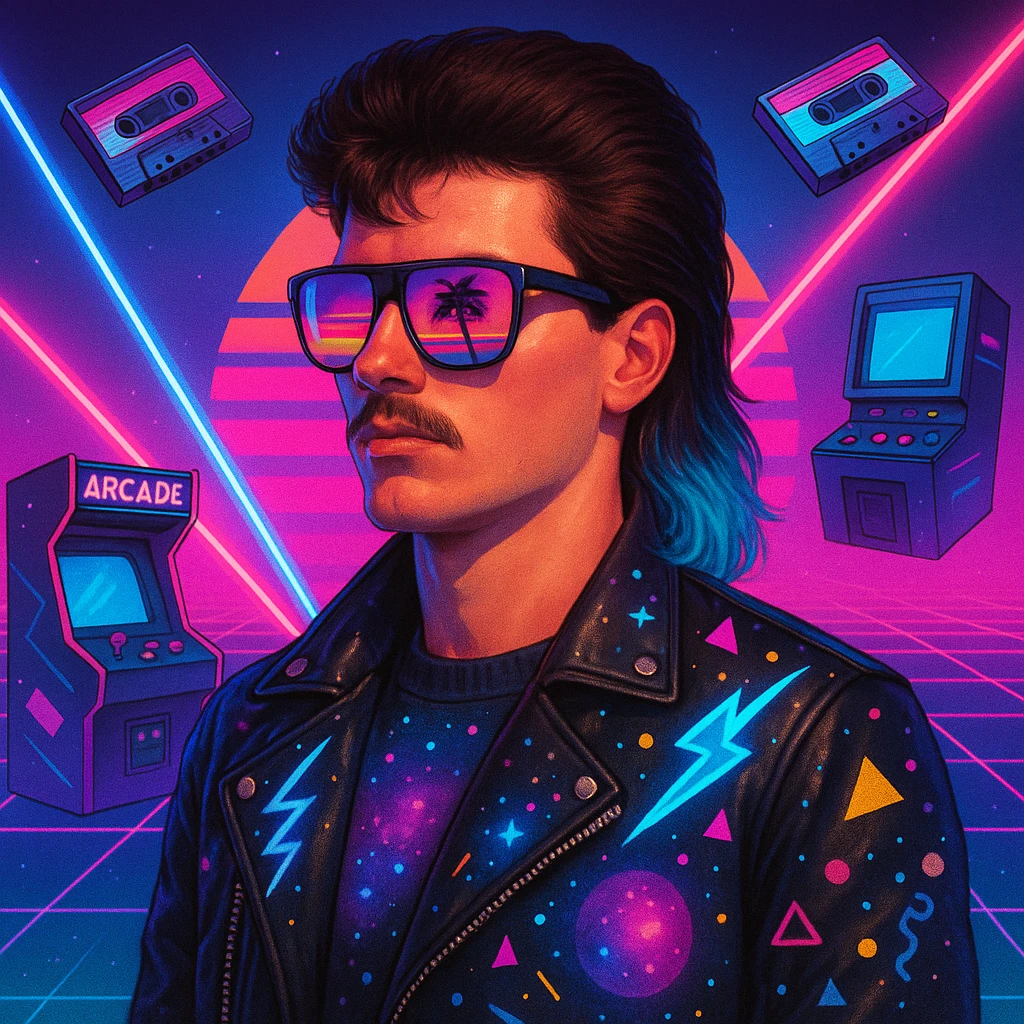 retro-futuristic 80s man with mullet hairstyle with neon blue ends, airbrushed sunglasses with pink to violet gradient and palm/sunset reflection, leather jacket with lightning, cosmic, and Memphis Design elements, neon gradient background with perspective grid, laser beams, cassettes, arcade games, Commodore 64, electric blue, fuchsia, turquoise, ultraviolet colors emoji