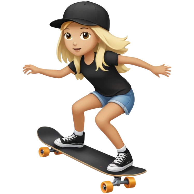 girl with blonde hair and tan skin wearing a black backwards hat and riding a skateboard emoji