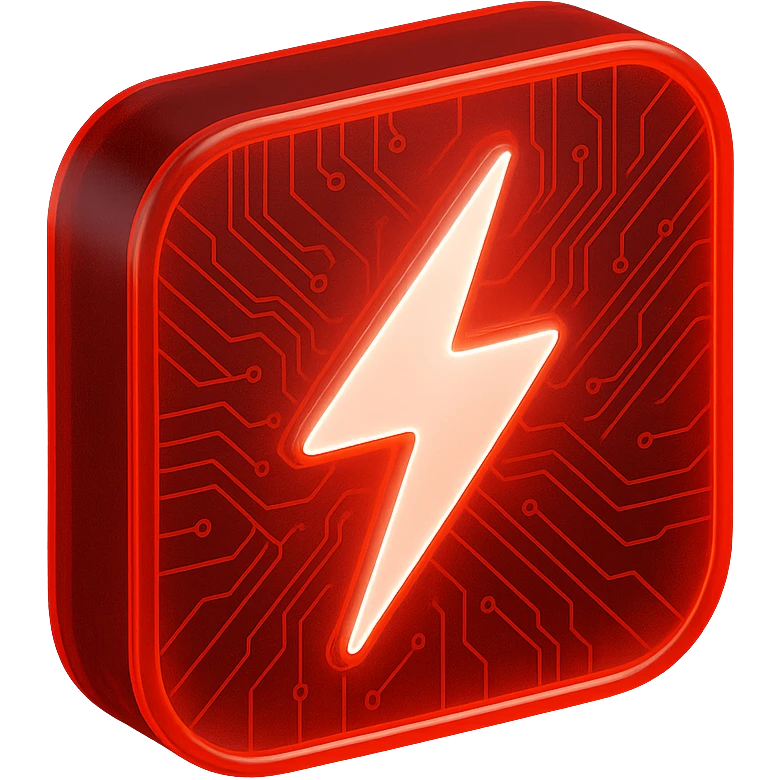 YouTube logo with a pure white lightning bolt inside (not as the play button), vivid red background, intricate circuit lines, vibrant matte glass style emoji