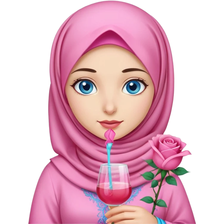 Turkish beautiful finish Konya girl blue eyes with pink hijab islamic dress and had on her hand rose mocktail emoji