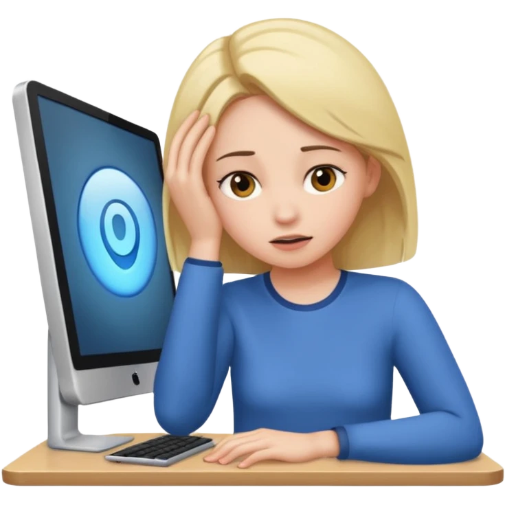 A girl is in front of a computer and is holding her head. emoji