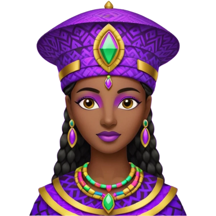 Create me an emoji of a beautiful Ethiopian Queen of Sheba wearing a neon purple gradient African patterns with metallic "isicholo" (a Zulu-inspired hat).  emoji