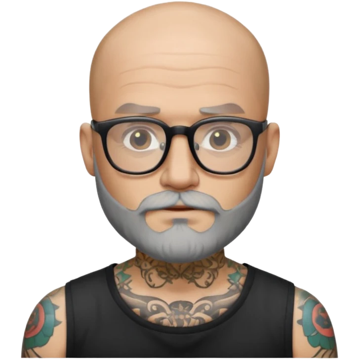 Bald man with salt and pepper beard and glasses and tattoos emoji