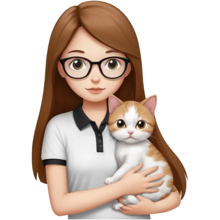 a girl with long brown straight hair, in a white a black polo t-shirt, with eyeglasses hugs a persian kitten 3 months old had a half spot black on her face and white one cat. emoji | AI Emoji Generator emoji