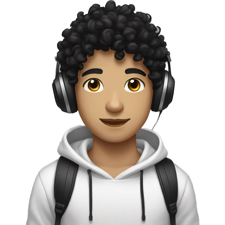 super curly black hair, white skin teen boy, black hoodie, headphones on neck  emoji