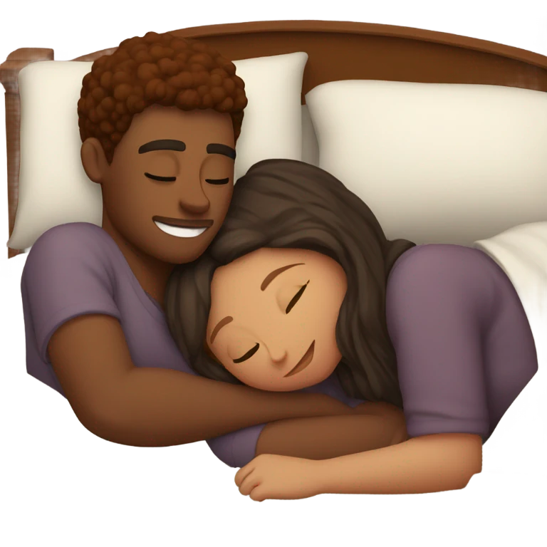 Burgundy haired girl and brunette boyfriend cuddling in bed emoji