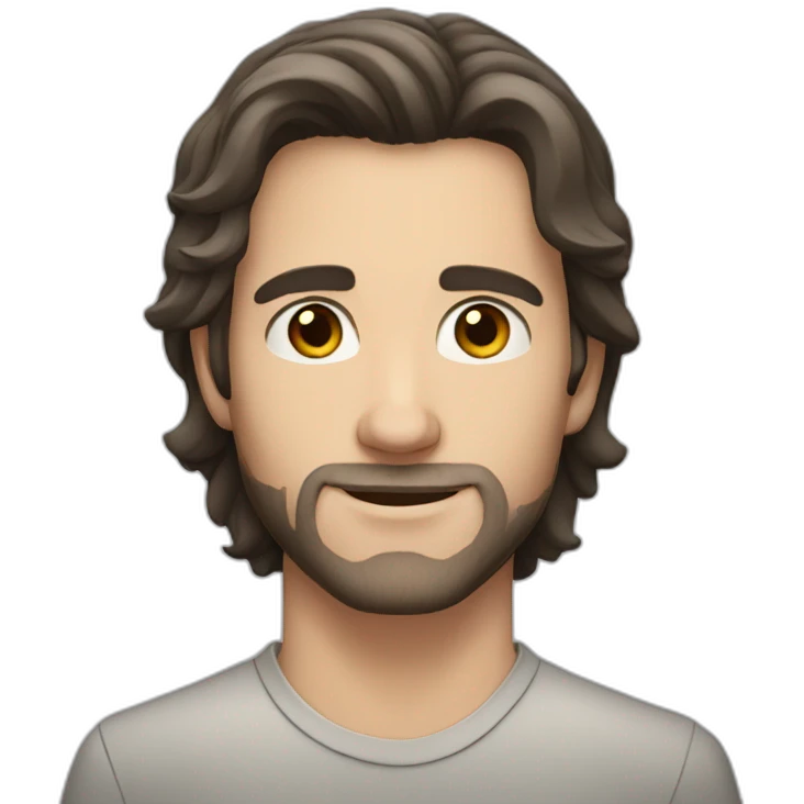young white man with dark semi-long hair, a small beard and brown eyes emoji