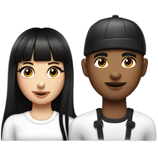 couple of teenagers, black-haired woman with bangs and long straight hair, with long eyelashes, eyeliner and a septum piercing next to a young man with short hair with curlers and a white jockey cap emoji