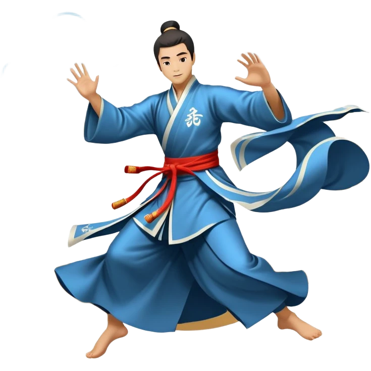 Emblem symbolizing Wushu martial arts. A graceful martial artist performs a dynamic kung fu pose, with flowing movements and a long, elegant robe. The background features stylized clouds and traditional Chinese symbols, representing fluidity, balance, and precision. Transparent background. emoji